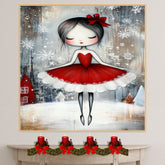 Whimsical Christmas Ballerina in Red Dress Snowy Ballet Dancer Wall Art, Winter Holiday Girl Illustration, Festive Nursery or Ballet Lover Decor Print on Ready to Hang 1.5" Thick Canvas Wrap, Floating Framed Canvas, Flat Rolled Canvas